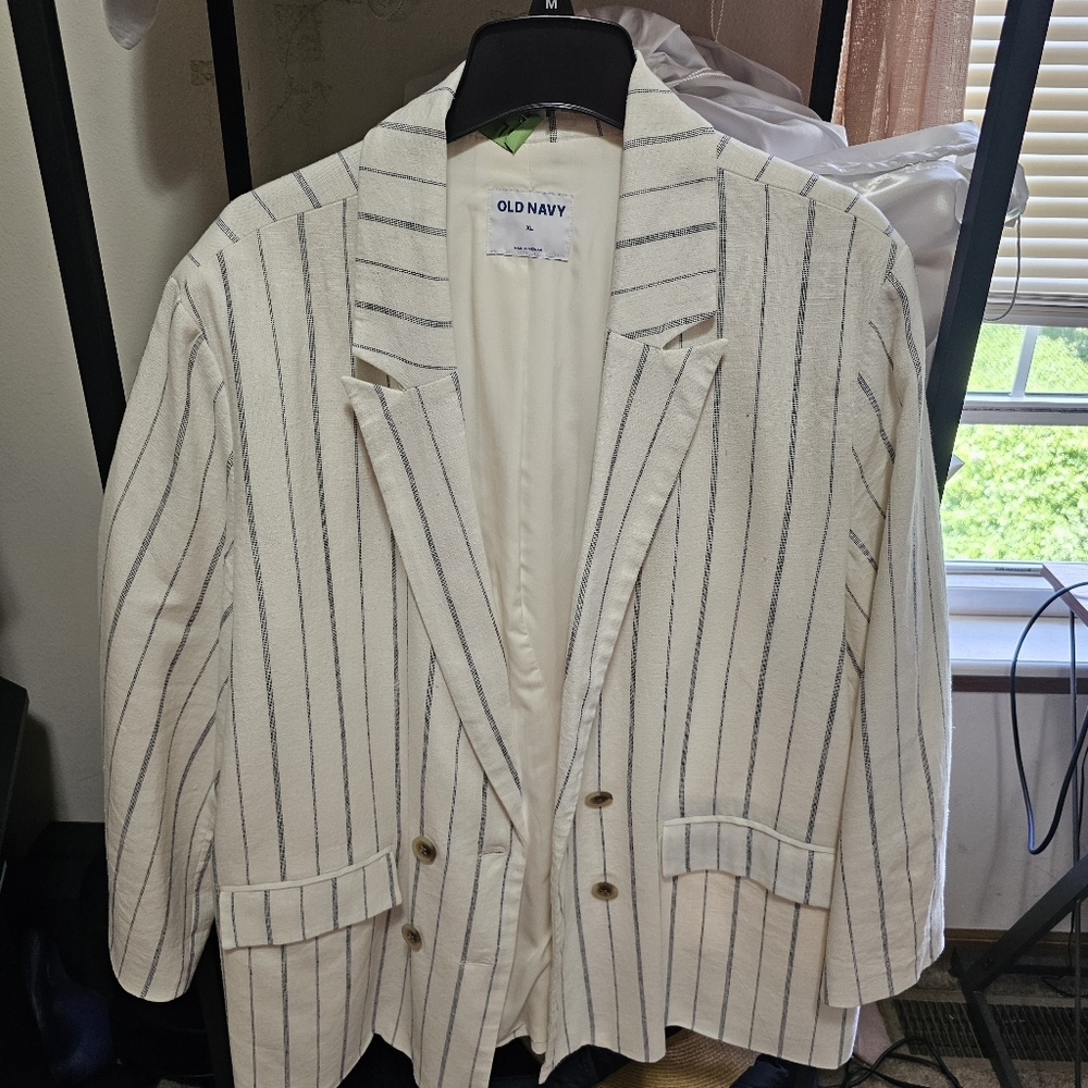 Old Navy Women's Blazer - Cream and Black Stripes